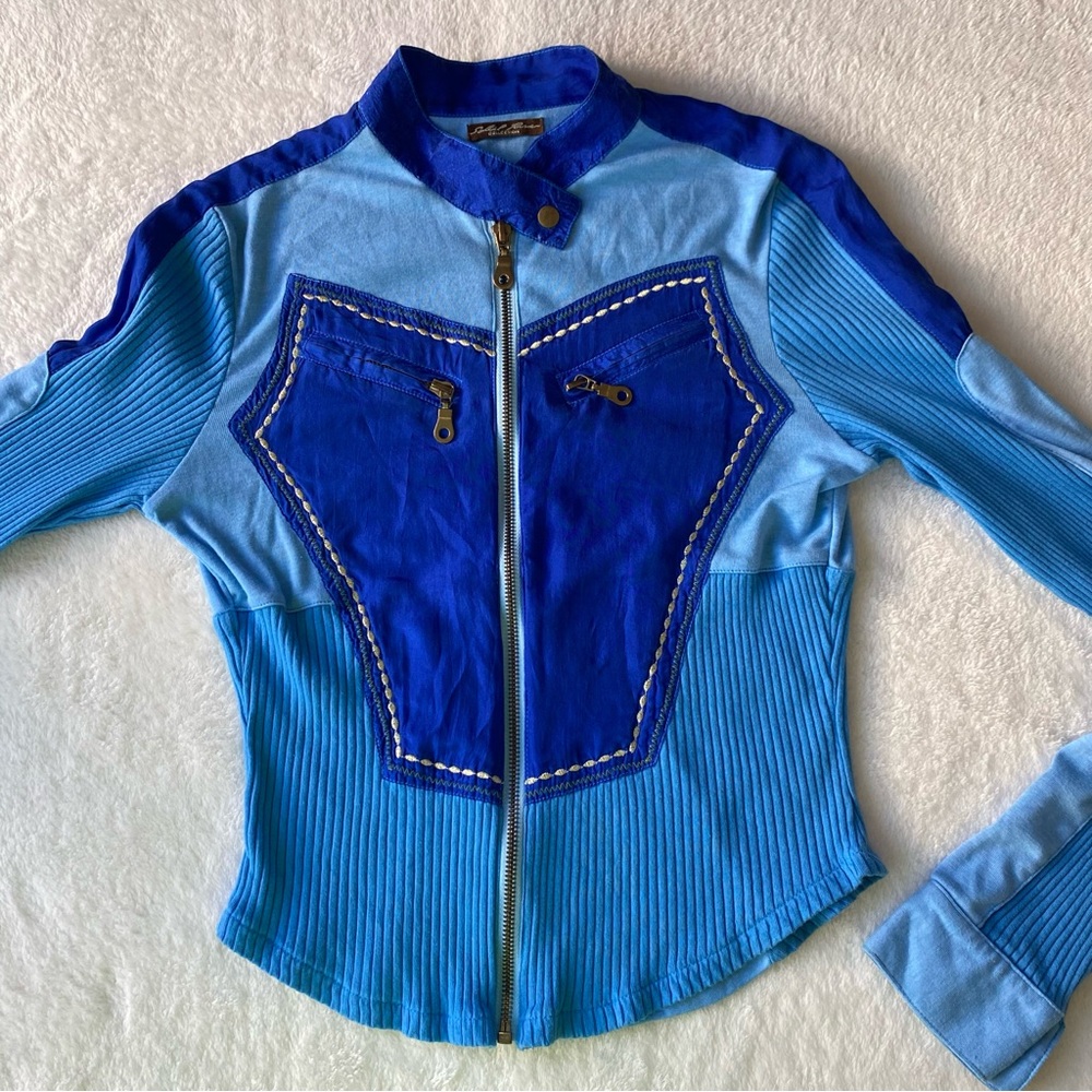 Retro Y2K Blue Color Block Ribbed Full Zip Jacket with‎ Pockets Small - Picture 2 of 9